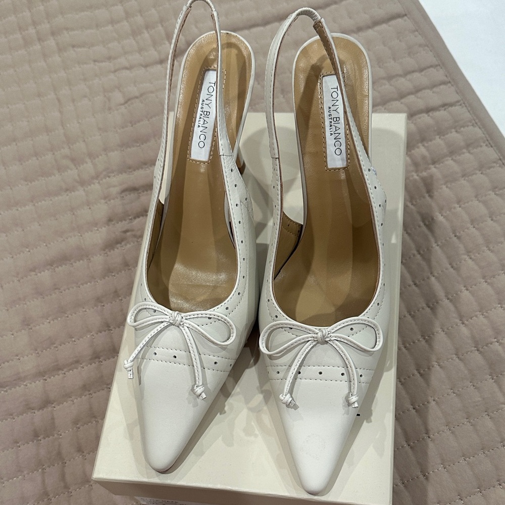 Tony Bianco Cream Pointed-Toe Slingback Pumps with Bow